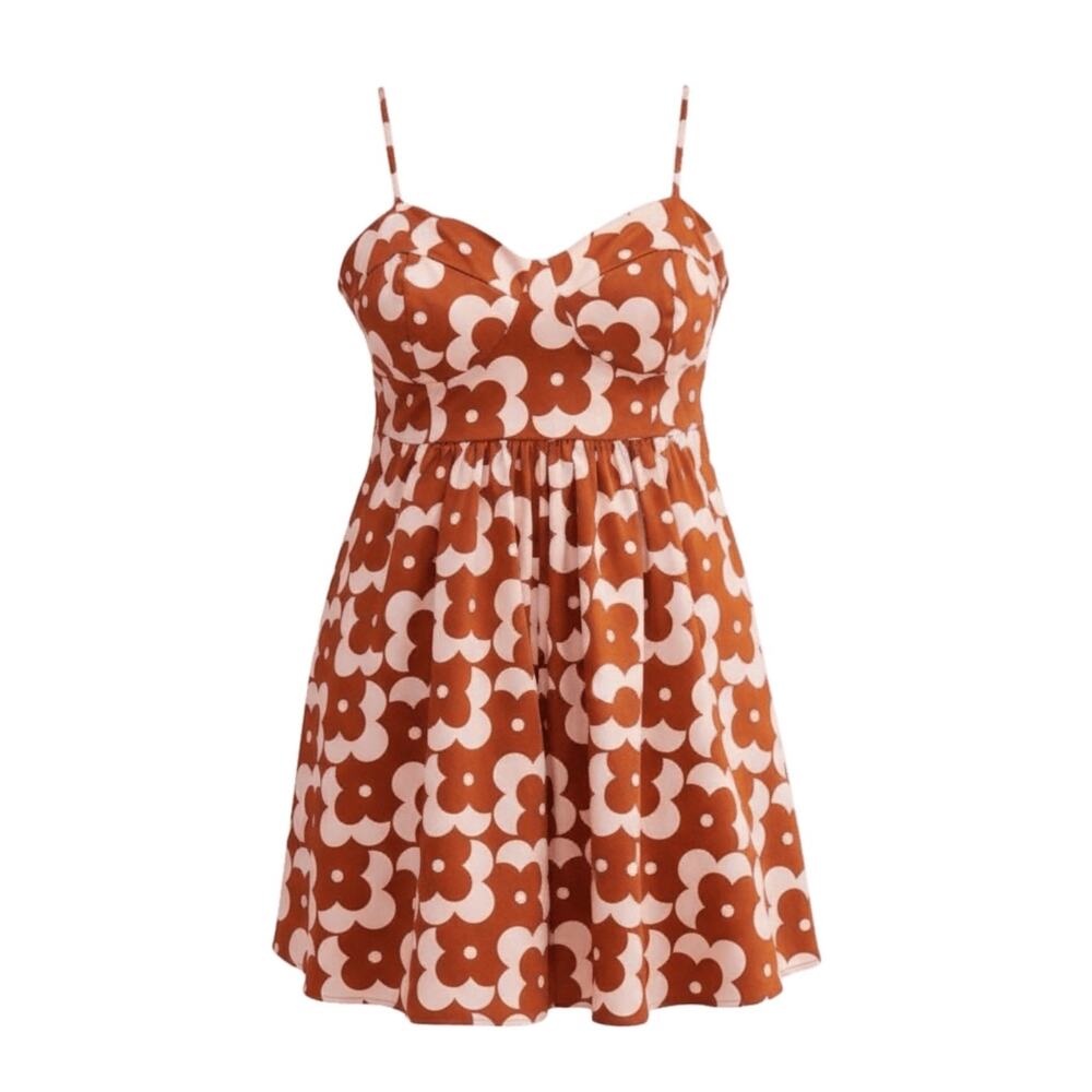 Floral Print Spaghetti Strap Dress in Rust and Cream